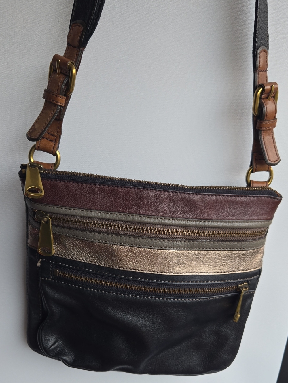 Fossil Explorer Black Burgundy Bronze Leather Crossbody Shoulder Bag Color Block